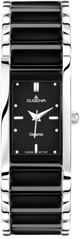 DUGENA Damen-Armbanduhr 4460507 Quadra Ceramica, Quarz, schwarzes Zifferblatt, Keramik-Edelstahlgehäuse, Mineralglas, Keramik-Edelstahlarmband, Klappschließe, 3 bar