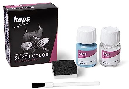 Kaps Tinta Super Color + Preparatore (25 ml ognuno), Colorante Professionale per Pelle Naturale, Tela, Ecopelle, Nutre e Ripara le Scarpe in Pelle (121 - Blu Cielo)