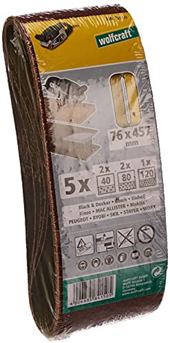 wolfcraft Fabric Sanding Belt Set 76 x 457 mm, 5-Piece I 8415000 I for Belt Sander I for Wood Metal Paint Varnish I grit 40 80 120