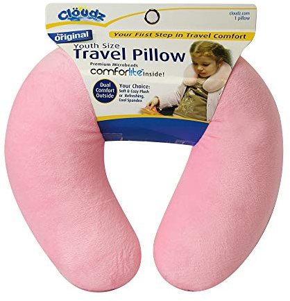 Cloudz Kids Dual Comfort Microbead Airplane Travel Neck Pillow. Super Soft Cozy Plush on One Side, Cool Relaxing Spandex on The Other! Keep Your Kids Comfy and Supported at Home or On The Go! - Pink