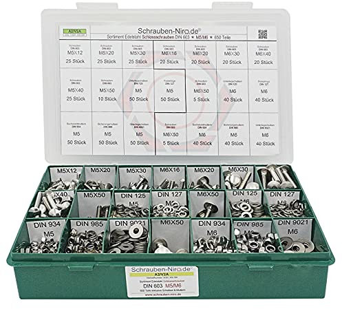 Sortiment M5 + M6 DIN 603 Edelstahl A2 (V2A) Flachrundschrauben mit Vierkantansatz (Schlossschrauben) - Set mit Schrauben, Scheiben (DIN 125, 127, 9021) + Muttern (DIN 934, 985) - 670 Teile