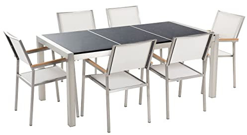 Beliani Gartenmöbelset Tisch aus Steingemisch schwarz 6 Stühle in Weiß 180 cm Grosseto