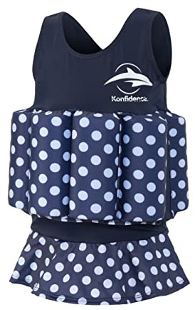 Konfidence Float suit – traditionell barnbaddräkt i 1–5 år med justerbar flytförmåga/avtagbara skumflytleksaker – supermjuk, flexibel lycra (blå prickig, 2–3 år)