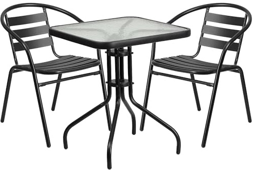 Flash Furniture Lila 23.5'' Square Glass Metal Table with 2 Black Metal Aluminum Slat Stack Chairs