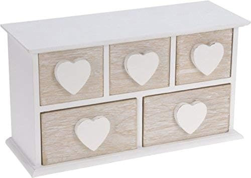 Spetebo Kleines Holz Schmuckkästchen mit 5 Schubladen - Herz Holzkästchen weiß - Schmuck Schatulle Aufbewahrungsbox