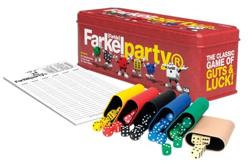 Farkel Party Classic Dice Game | Official Licensed Farkle Set | 36 Dice, 6 Cups, Score Sheets & Storage Tin | Travel Dice Game for Family Game Night | 2+ Players, Ages 8+