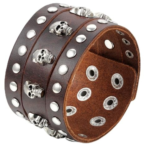 Flongo Lederarmband Männer Armband Herren Armreif, Leder Armband Armreif Manschette Schwarz Braun Silber Nieten Totenkopf Schädel Verstellbar Motorradfahrer Biker Herren-Accessoires