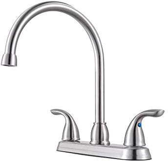 Pfister Pfirst Series Kitchen Sink Faucet 2-Handle High Arc 3-Hole Stainless Steel Finish with Ceramic Disc Valves 360 Degree Swivel Spout 1.75 GPM Water Flow Rate G136200S