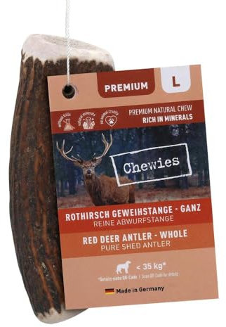 Chewies corna da masticare per cani – asta intera, asta per lancio del cervo – corna di cervo – naturalmente senza minerali, taglia L