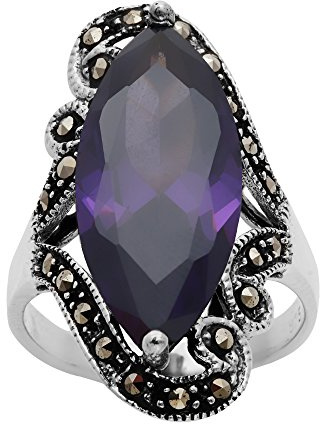 Silverly Bague en Argent 925 avec Grande Marquise Violette et Filigrane de Marcassite | Bague Dôme Art Nouveau Style Vintage Années 20 | Bijoux Gothiques Victoriens en Zircone Cubique pour Femmes