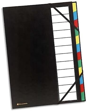 Exacompta 55341E Premium Ordnungsmappe Ordonator. Mit festem Einband für DIN A4 12 Fächer und 2 Gummizüge mit Indexfenster und dehnbarem Rücken Fächermappe Register-Mappe schwarz