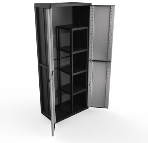 Kreher Spindschrank Kunststoffschrank, abschließbar, 67 x 38 x 164 (Grau) | Mit Regal und Freifach, ideal für Besen und Geräte, Montage per Stecksystem, für Keller und Garage