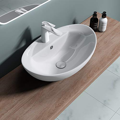 Durovin Bathrooms Ceramic Bathroom Basin - Countertop Sink Vessel - Single Tap Hole with Overflow - Oval Washing Sink Deep Fill (590 x 390 x 210mm)