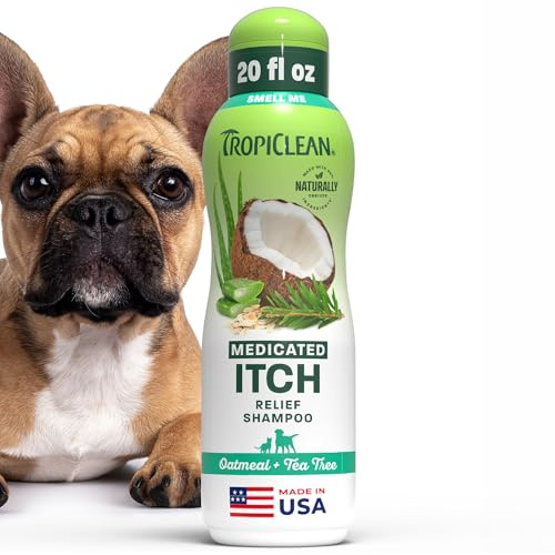 TropiClean Oatmeal Dog Shampoo for Itchy Skin Relief, Soothing Medicated Itch Relief, with Vitamin E, Puppy Safe, Made in USA, Cat Friendly, 20 oz.