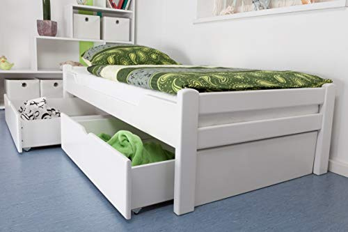 Einzelbett/Gästebett Easy Premium Line K1/1n inkl 2 Schubladen und 2 Abdeckblenden, 90 x 200 cm Buche Vollholz massiv weiß lackiert