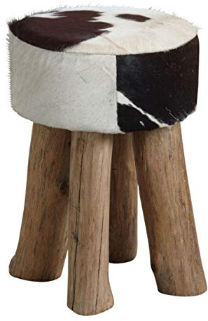 AUBRY GASPARD - Tabouret Rond en Peau de Vache - Noir et Blanc Naturel - Pieds en Bois - Ø 30 cm x Hauteur 45 cm - Confortable et Élégant pour Salon, Chambre ou Bureau - Solide et Facile à Entretenir