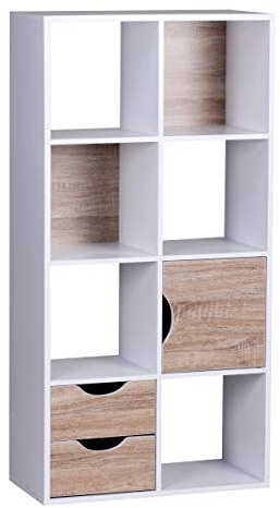 FineBuy Bücherregal MASSA Sonoma Weiß mit 8 Fächern und Türen | Wohnregal freistehend mit Magnettür, Standregal für Wohnzimmer, Büro und Kinderzimmer, viel Stauraum