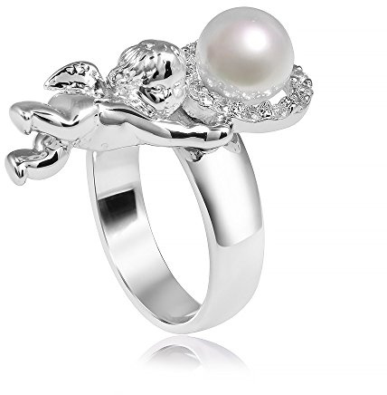 MATERIA 925 Silber Ring Engel - weißer Perlenring Zirkonia rhodiniert inkl. Ringetui SR-65-54