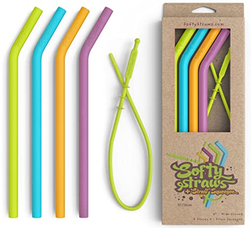 Softy Straws Wide Premium Reusable Silicone Drinking Straws + Patented Straw Squeegee - 9” Long With Curved Bend for 20 30 32 oz Tumblers Non Rubber, Flexible, Safe for Kids/Toddlers, Smoothie