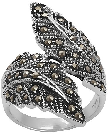 Silverly Anillo Envolvente Plumas Marcasita Plata 925, Estilo Vintage Años 20 | Anillo Ancho Hojas Superpuestas Plata de Ley Mujer | Joyería Art Nouveau Inspirada Naturaleza | Anillos Góticos