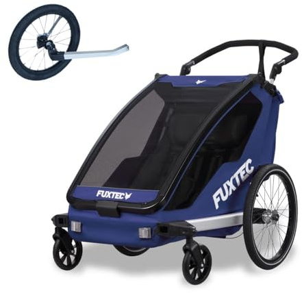 FUXTEC 2 in 1 - Rimorchio per bicicletta con bicicletta da jogging FX-FA1, con rimorchio per 2 bambini, in alluminio, pieghevole, con protezione da pioggia e sole