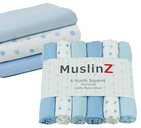 MuslinZ 6pk Baby Muslin Quadrate Burp Tücher 100% reine weiche Baumwolle 70x70cm blaue Sterne
