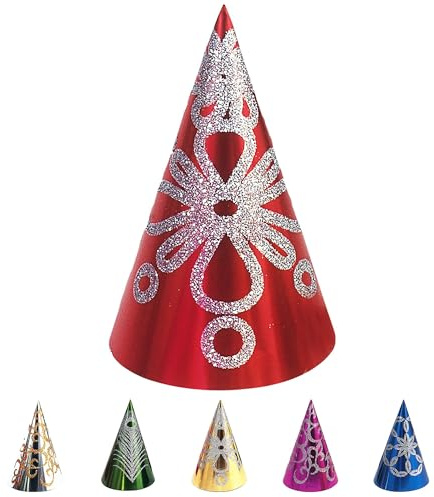 Widmann 7987T - Metallic Partyhut, Höhe 28 cm, 6 Farben sortiert, Glitzer-Verzierung, Kostüm, Karneval, Fasching, Silvester, Mottoparty