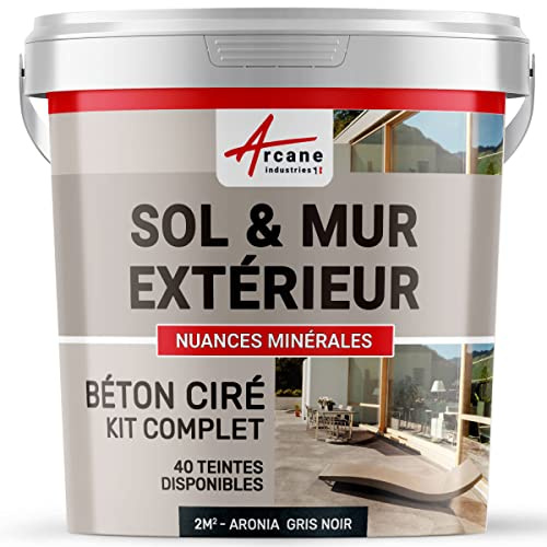 béton ciré extérieur, pour sol, mur, terrasse, escalier, enduit décoratif minéral, en kit - 2 m² (en 2 couches) Aronia Gris Noir - ARCANE INDUSTRIES