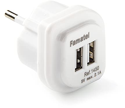 FAMATEL – Enchufe Cargador USB Doble | Entrada 250 V | Salida 5V-2,1 A | Ahorrador de Espacio | Necesidad para viajeros | Protección Infantil | Blanco