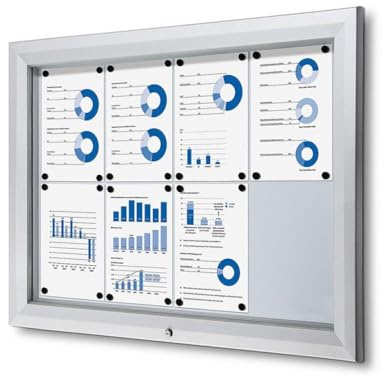 Schaukasten 8x DIN A4 | wetterfest für außen outdoor IP56 | Brandschutz-Zertifikat B1 für innen | ESG-Sicherheitsglas | magnetisch, abschließbar | Wand-Montage | silber | für Schule, Behörde, Büro