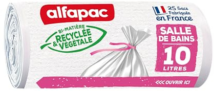 alfapac - 25 sacs 10L à lien traditionnel - fabriqués en France - Sacs Poubelle pour salle de bains - Vegetal Origin – Sacs blancs de dimensions 35 x 40 cm