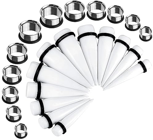 BodyJ4You 24PC Ear Stretching Kit - 00G-20mm Big Gauges - Surgical Steel Single Flare Tunnels Plugs White Acrylic Tapers - Stretchers Weights Expanders Eyelets