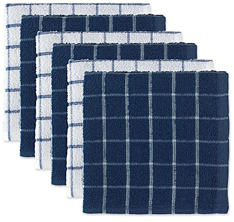 DII 100% bomull, maskintvättbar, ultraabsorberande, enkel vardag 12 x 12 frotté köksdisktrasor, design med fönsterruta, set med 6 - nautisk blå