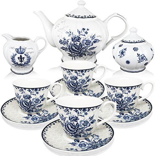 BTäT - Teeservice Porzellan Teetassen (8oz) Milchkännchen und Zuckerset Untertassen Set Teekanne Teeset für Erwachsene 4er Blue Dream Tassen