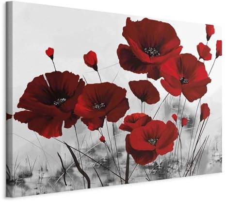 B&D XXL - Leinwandbild Blumen rot grau, 120x80 cm, 1-teilig, Schlafzimmer | Hochwertige Leinwand, sofort aufhängbar, ideal fürs Wohn- oder Schlafzimmer, wasserfest und lichtecht, langlebig, stilvoll