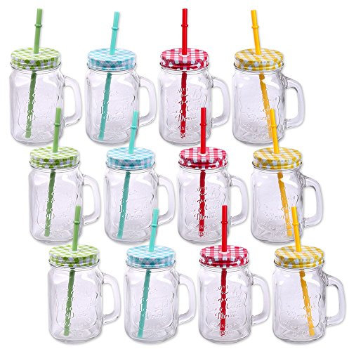 Schramm® 12 Verres à Boire avec Couvercle, poignée et Paille réutilisable (III) Paille à Boire Verres en Verre réutilisables Verre à Boire Cocktail Environ 500ml