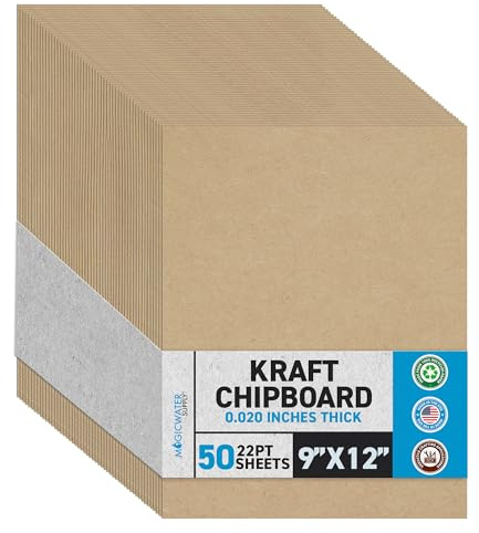 50 Chipboard Sheets 9 x 12 inch - 22pt (point) Light Weight Brown Kraft Cardboard for Scrapbooking & Picture Frame Backing (.022 Caliper Thick) Paper Board | MagicWater Supply