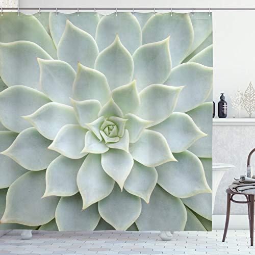 ABAKUHAUS Wüste Duschvorhang, Kaktus-Blumen Foto, Stoffliches Gewebe Badezimmerdekorationsset mit Haken, 175 x 220 cm, Salbeigrün