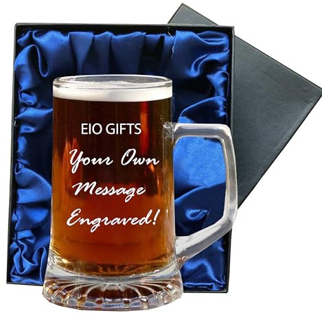 EIO Gifts Personalised Heavyweight Pint Glass Tankard, Mug, Cup in Presentation Box - Engraved with Your Custom Text, for Birthdays, Anniversaries, Wedding & Any Special Occasions (Tankard)