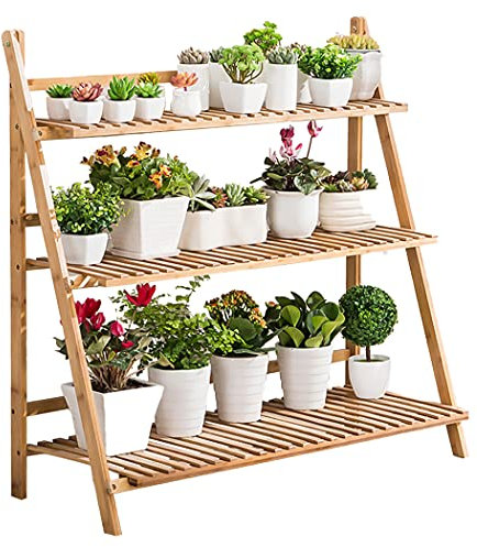 medla Blumentreppe Holz, Blumenständer für innen draußen, 3-stufig, Blumentreppe Klappbar, Blumenleiter Bambus 100 x 38 x 97cm, Braun