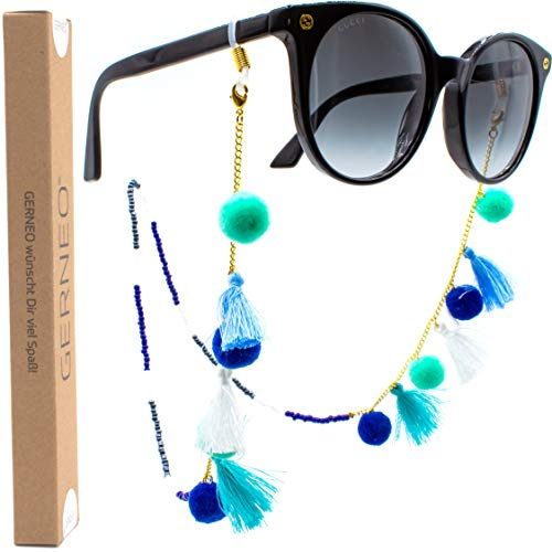 GERNEO® - Korfu - Premium Brillenband & Brillenkordel Unisex für Lesebrille & Sonnenbrille - 18 Karat Gold oder 925er Silber - Bommeln und Fähnchen in Blau und Weiß - extra lang