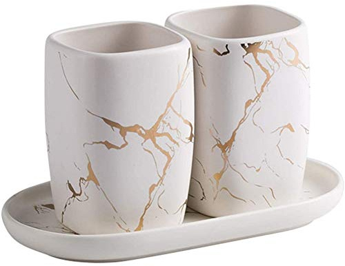 FülleMore Keramik Zahnputzbecher Set luxuriös Marmor Optik 3-teiliges Badezimmer Zubehörset 2er Zahnputzbecher mit Tablett Badzubehör Set (Weiß)