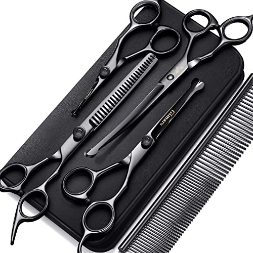 Gimars 4CR Edelstahl-Sicherheitsscheren-Set mit runder Spitze, 6-in-1, professionelles Fellpflege-Set für Hunde, gerade, Effilier- und gebogene Schere und Kamm für die Fellpflege von Hund und Katze