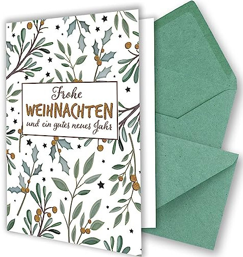 20x Weihnachtskarten-Set DIN A6 in Weiß mit Eukalyptus- und Mistelzweigen - Faltkarten mit Umschlägen DIN C6 Kraftpapier Eukalyptus mit Nassklebung - Weihnachtsgrüße für Firmen und Privat