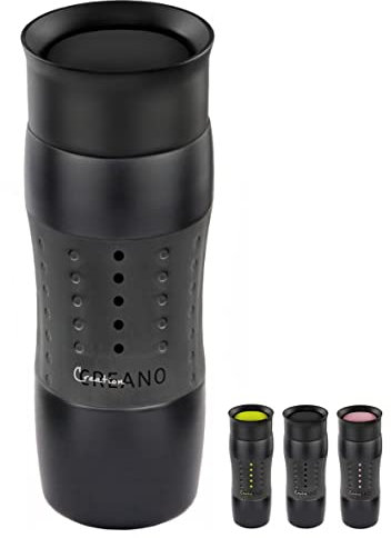Creano Design Travel Mug 420ml, Coffee to Go Becher, Thermobecher, Isolierbecher, hält 4h heiß/ 7h kalt, 100% dicht & auslaufsicher, 360°-Trinköffnung | Schwarz