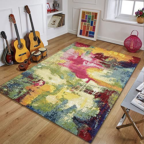 Rururug Designer Teppich Quadratisch Kurzflor Moderner Orientteppich Klassisch Gemustert Ornamente für Wohnzimmer Schlafzimmer Zimmer deko, Abstraktes buntes grünes rosa Gelb 200 x 200 cm