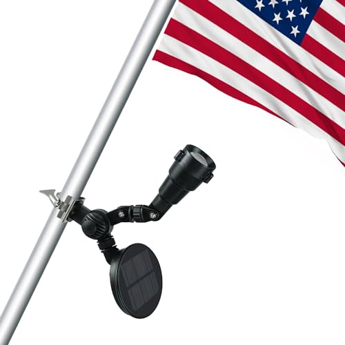 Flag Pole Light Solar Powered, 360° Rotation Shaped Bracket, Super Spotlights PC Crystal LED, Adjustable Metal Clamps Fits 1-1.5 Flagpole, Durable Night lighting 8-12 Hrs for Gardern Yard Flagpole