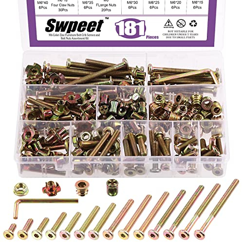 Swpeet 181 piezas M6 x 15 mm - 80 mm de color zinc cabeza plana hexagonal cabeza hexagonal tornillos de cuna de bebé, tuercas y tuercas de inserción roscadas con tuercas de brida y 4 tuercas en T con