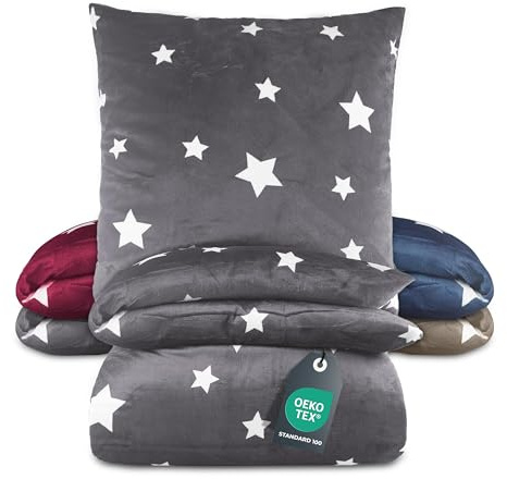 BaSaTex Winter Plüsch Bettwäsche Set Sterne Nicky-Teddy Cashmere-Touch | 135x200 155x220 + 80x80 Kissenbezug | Größe: 135x200 | Farbe: Anthrazit Grau