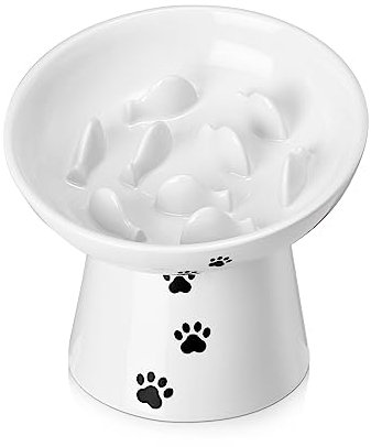 Y YHY Slow Feeder Cat Bowl, Ceramic Cat Slow Feeder Bowl, 6 Inches, Elevated, Anti Vomiting for Dry and Wet Food, White